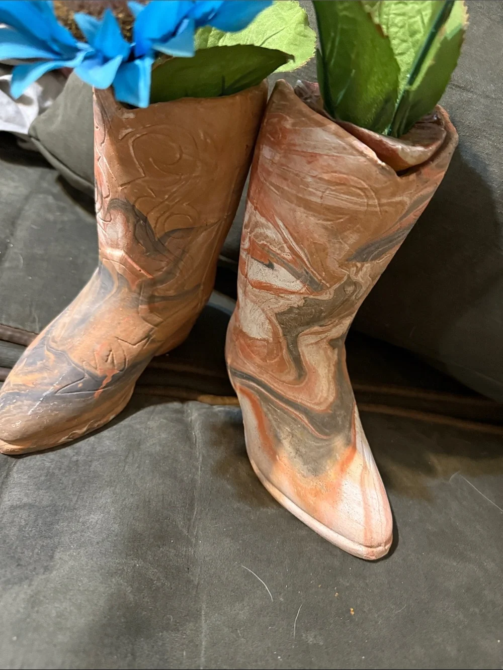 Vintage romco pottery cowgirl Decorative Boot Vases with Blue Sunflower Accents